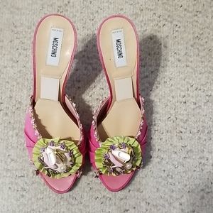 Moschino Hot Pink Satin Floral Charm Slide Hee, 39